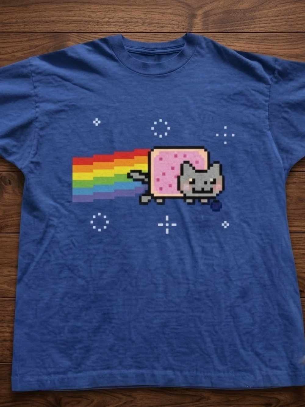 Gildan Blue Nyan Cat Pixel Art Tee with Rainbow